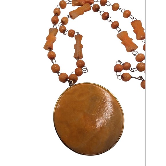 Vintage Orange Aventurine Carved Stone Aztec Pendant Necklace Tribal Sun Dial - Picture 5 of 8